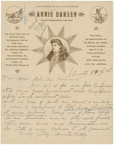 Letter from Annie Oakley to President McKinley, 1898