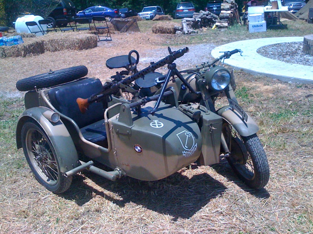 World War II era BMW motorcycle with sidecar. Mounted is an MG38 machine gun.